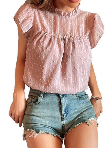 

swiss dot keyhole back frill neck blouse s6av#, White