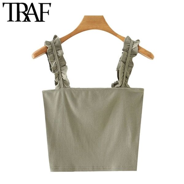 

traf women sweet fashion solid ribbed cropped tank vintage sleeveless ruffles straps female camis mujer 210401, White