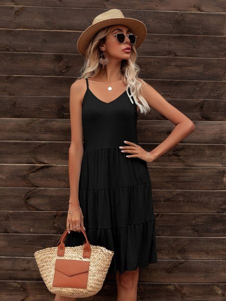 

dearcase floral print tiered hem slip dress s4rb#, Black;gray