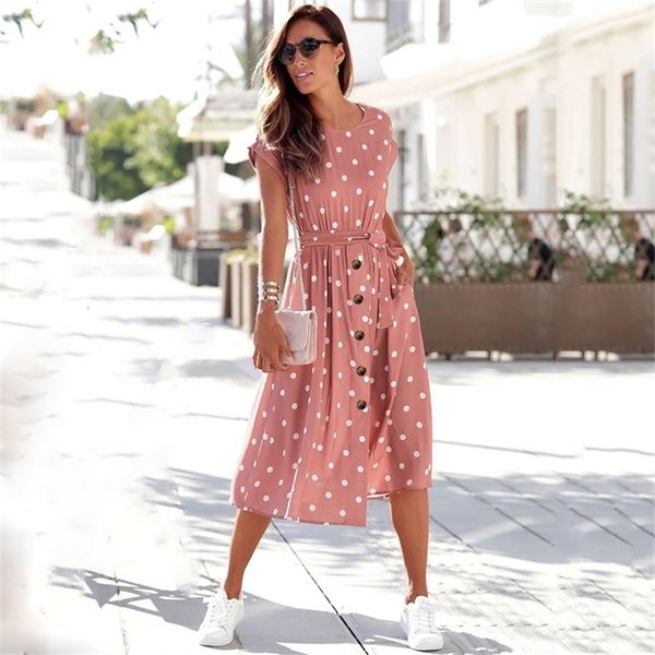 

summer women s dresses fashion o neck print polka dot buttons casual loose lace up woman short sleeve dress robe femme 220614, Black;gray