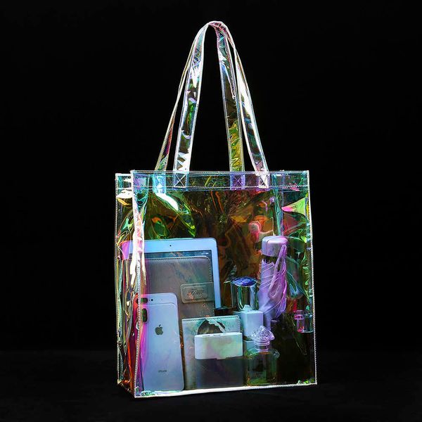 

clear holographic pvc tote bag iridescent premium glitter rainbow beach promotional shopping 200919