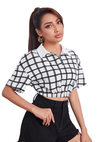 

plaid pattern drop shoulder half button crop f7xw#, White