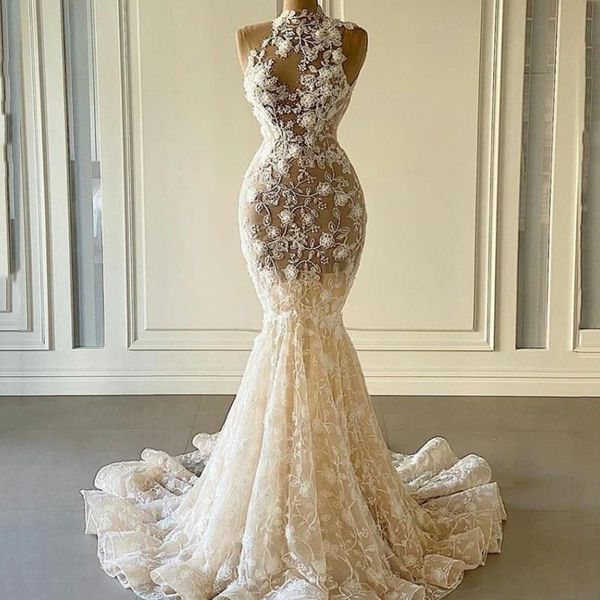 

princess 3d flowers appliques wedding dresses beaded bridal gown custom made see through illusion mermaid robes de mariÃ©e, White