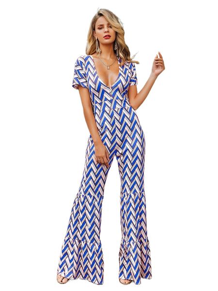 

glamaker chevron print tie back flare leg jumpsuit f4et#, Black;white