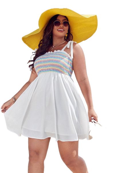 

plus shirred frill trim tie shoulder cami dress x1ht#, Black