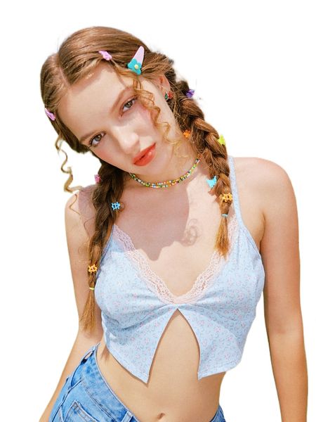 

romwe y2k revival ditsy floral lace trim split cami g80g#, White