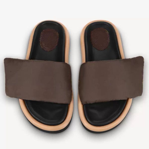 

women men pool pillow comfort slippers lady nylon down padded strap beach shoes slip on mules designer platform leather flats rubber outsole, Black