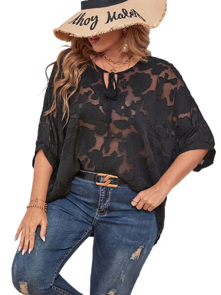 

plus tie neck batwing sleeve blouse 04e8#, Black