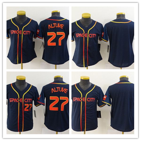 2022 City Baseball-Trikots, Jose Altuve 27, Space City-Trikot, leer, ohne Namen, Marineblau, Weiß, Orange, Grau, Farbe, zugeknöpft, für Kinder und Damen, Größe S-XXL, genäht