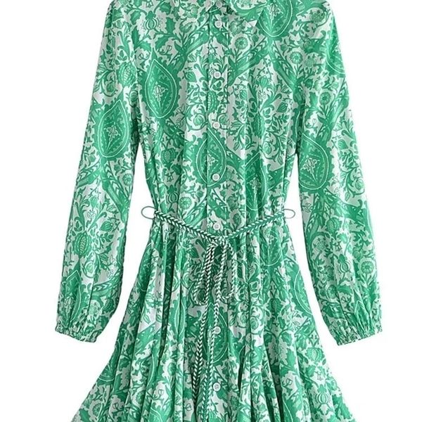 

traf zar green print shirt woman ruffle short es for women belt vintage mini long sleeve casual dresses 220727, Black;gray