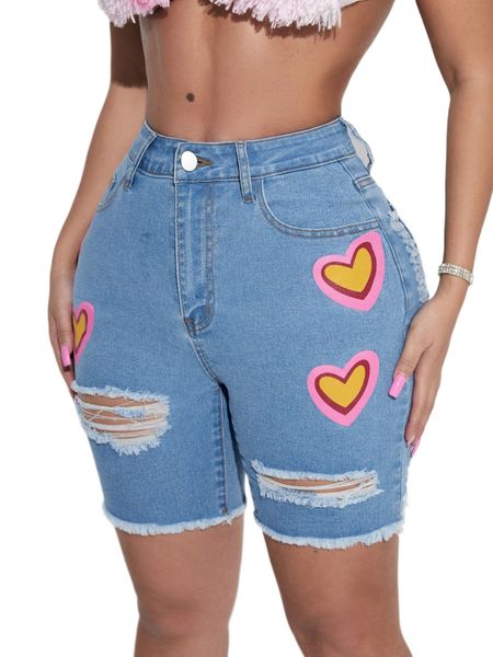 

heart print ripped raw cut denim shorts 41wc#, White;black