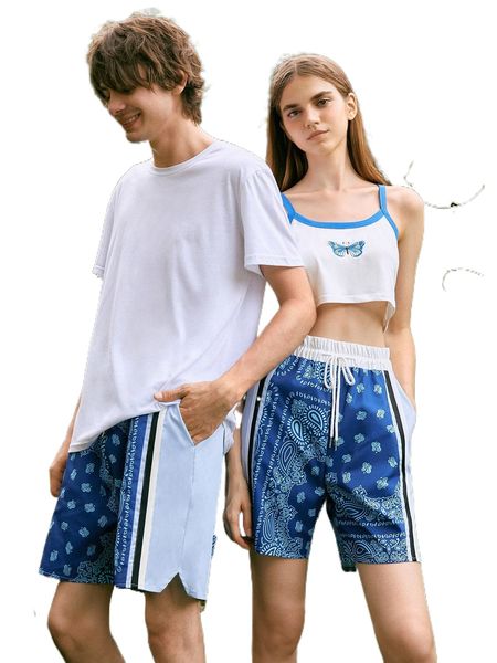 

romwe 1pc paisley print drawstring shorts d2ps#, White;black