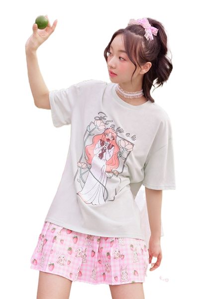 

kawaii letter figure & floral graphic tee c7by#, White