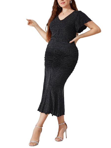 

plus butterfly sleeve ruched mermaid hem dress m5do#, Black