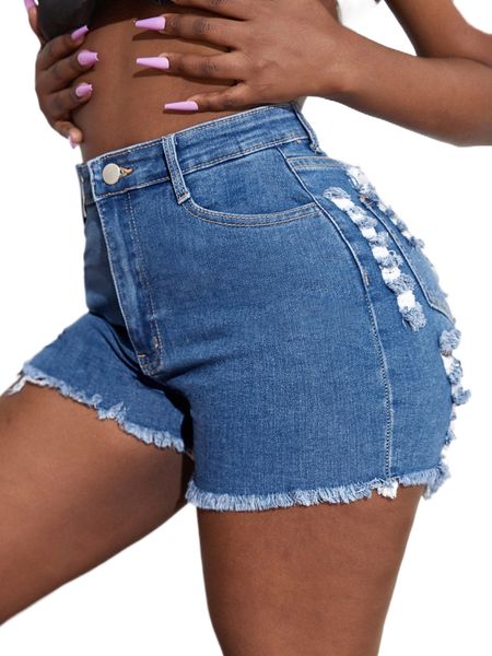 

sxy high waist ripped raw trim denim shorts q6kg#, White;black