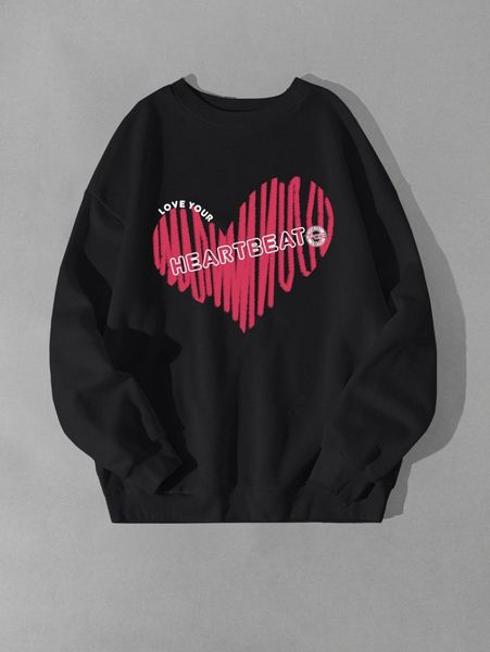 

heart & letter graphic drop shoulder pullover 98fa#, Black