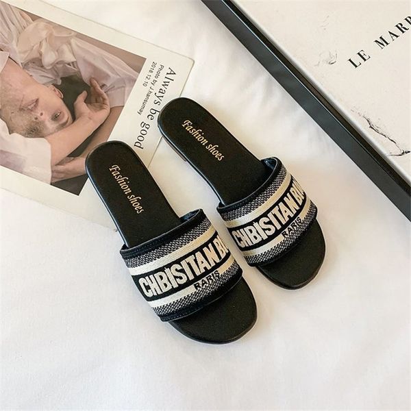 

summer letter slippers casual fashion flat shoes women's single female outer wear sandals 220408, Black