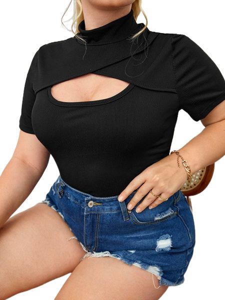 

plus solid rib knit cut out tee x8xl#, Black