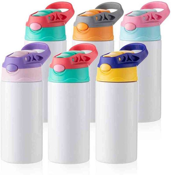 

sublimation blanks kids tumbler baby bottle sippy cups 12 oz white water bottle with straw and portable lid 5 color lids sublimation print