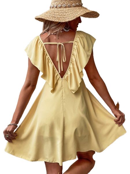 

tie back ruffle trim dress t37v#, Black;gray