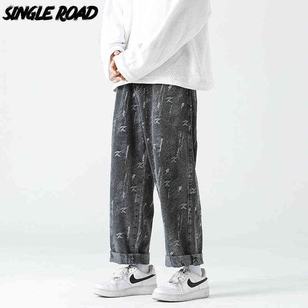 

single road mens straight jeans men 2022 baggy full print denim pants hip hop streetwear korean fashion trousers jeans for men t220726, Blue