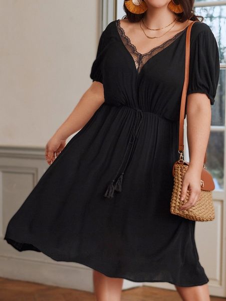 

plus contrast lace drawstring waist dress u7l2#, Black