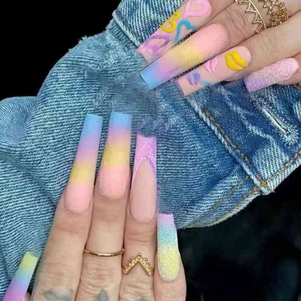 

false nails long ballet with glue rainbow gradient lips design wearable press on manicure tip full cover nail tips 0616
