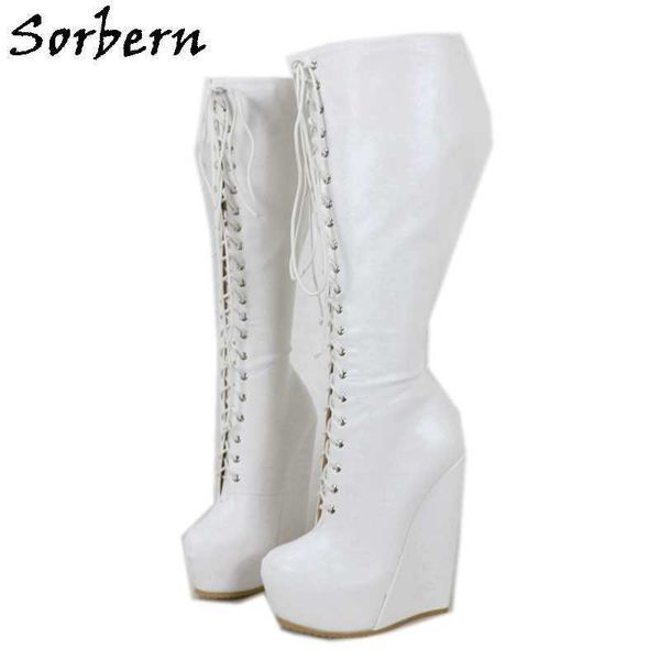 

sorbern narrow sole back boots knee high heel wedges lace up winter style lady shoes platform invisible alternative fashion, Black
