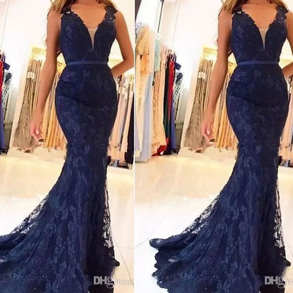 

custom new plus size royal blue lace formal mermaid prom party gowns with v neck see through back floor length prom dresses, Black