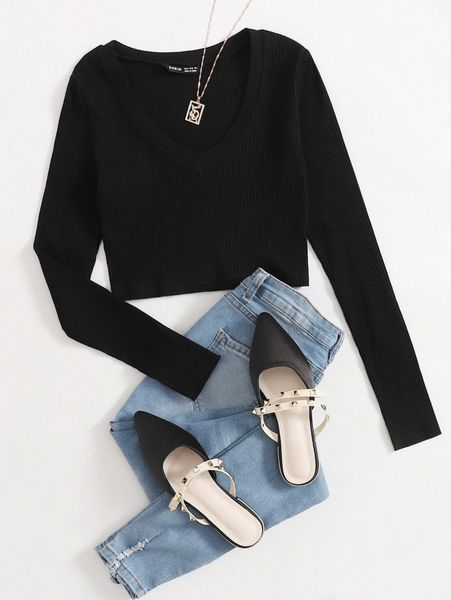 

v neck ribbed crop v1iq#, White