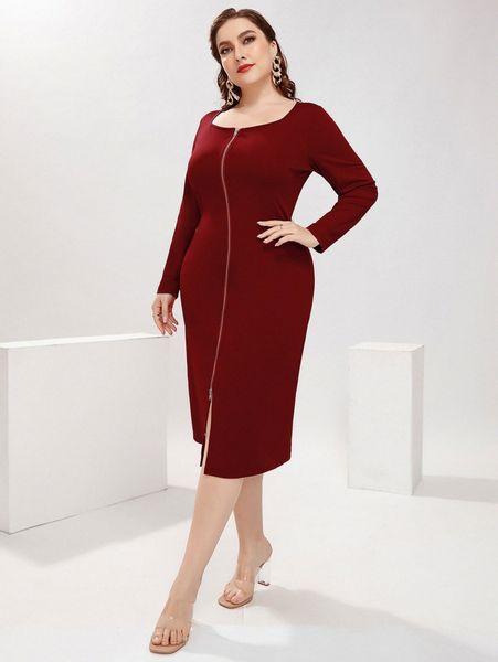 

plus zip front scoop neck fitted dress p8cm#, Black