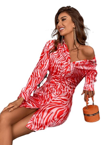 

zebra striped ruched satin shirt dress r4dp#, Black;gray