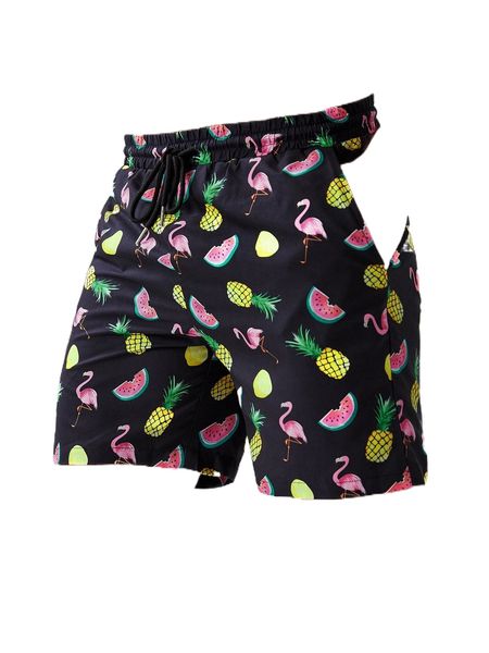 

men random fruit & flamingo print drawstring waist swim shorts 14uw#, White;black
