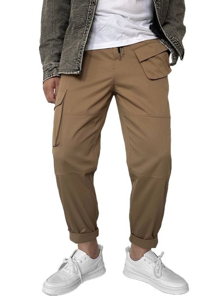 

men flap pocket side drawstring waist cargo pants w0dj#, Black