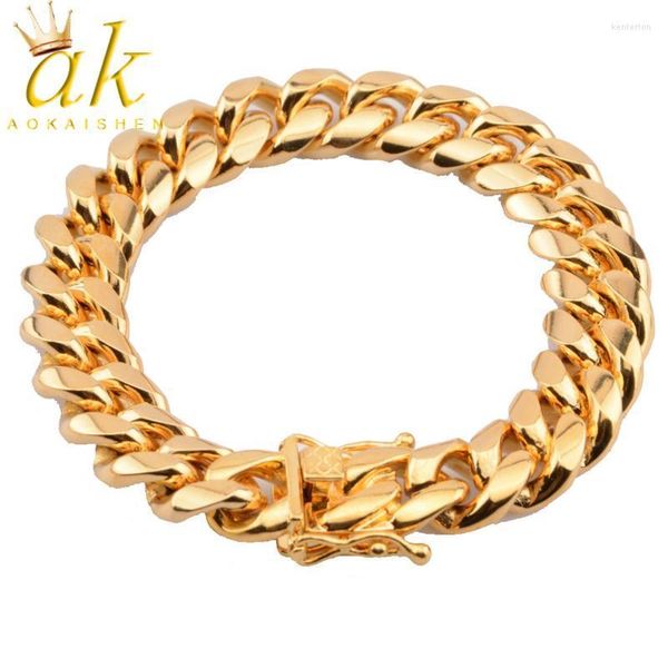 Cadeia de link Miami Cuban Bracelet Men Aço inoxidável Real Color Gold Hip Hop Jóias Kent22