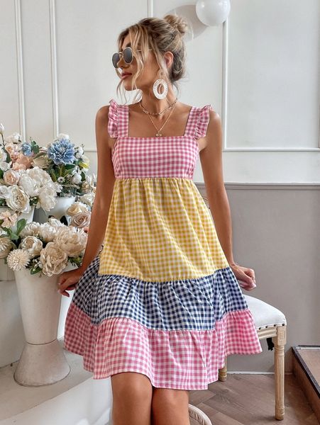 

colorblock gingham print frill ruffle hem dress i1fa#, Black;gray