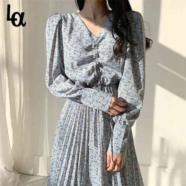 

chic floral puff sleeve high waist long dress vintage elbise ladies vneck drawstring chiffon ropa mujer elegant 210519, Black;gray