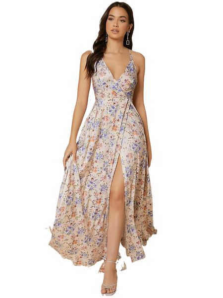 

floral print split thigh cami dress o3bg#, Black;gray