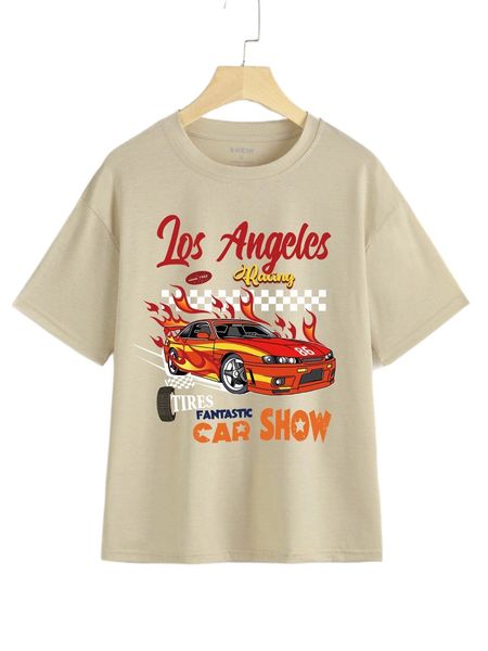 

letter & car print drop shoulder tee a42p#, White