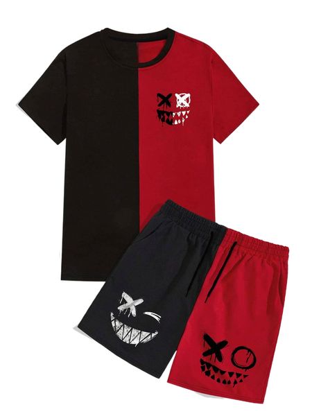 

men cartoon graphic two tone tee & drawstring waist shorts k6gk#, Gray