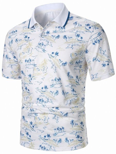 

men tropical print striped trim polo shirt t6zb#, White;black