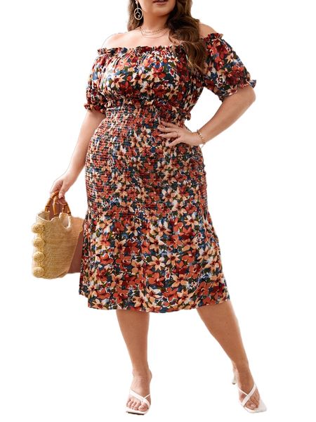 

plus off shoulder shirred floral dress q2tb#, Black