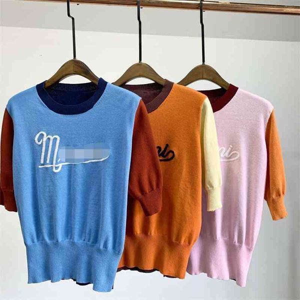 

women's sweaters mar ~ spring and summer fashion contrast color stitching round neck pullover letter embroidery short sleeve sweater wo, White;black