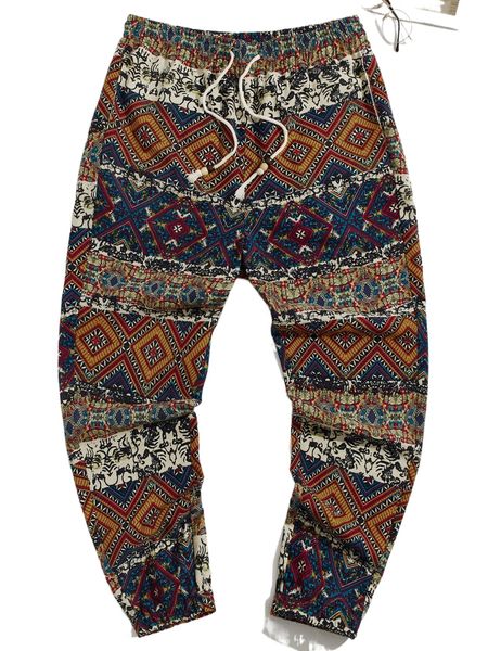 

men geo print drawstring waist pants f2wn#, Black
