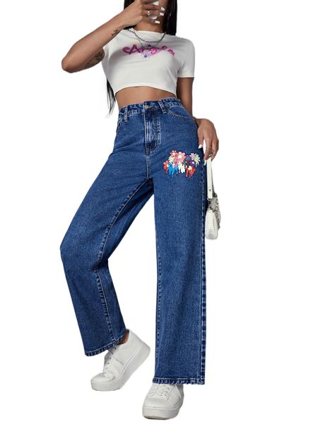 

high waist floral print wide leg jeans r4gt#, Blue