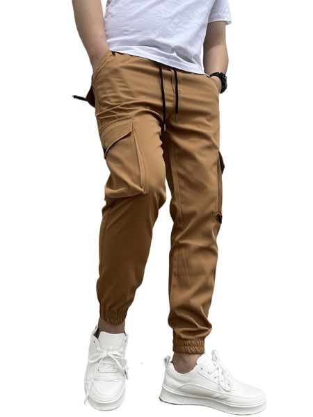 

men drawstring waist cargo pants m3li#, Black
