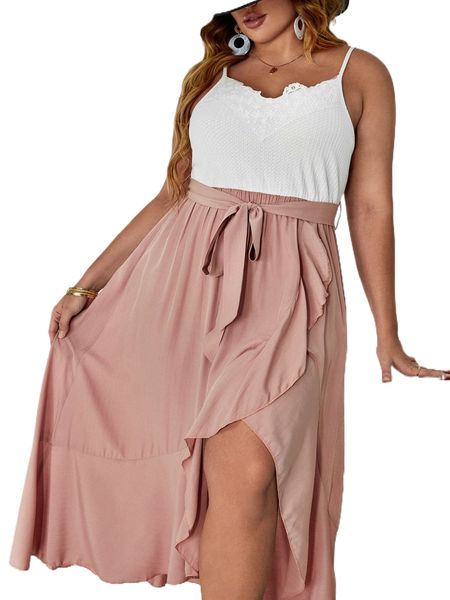

plus contrast lace belted cami dress w5jv#, Black
