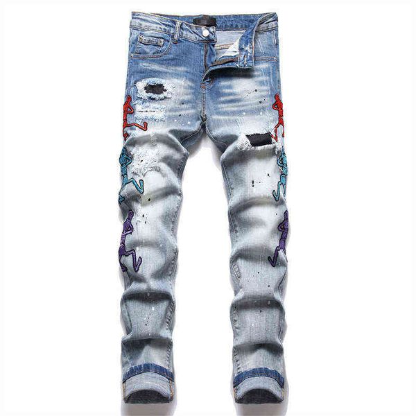 

spring new small foot embroidery hip hop jeans men tight elastic knee zipper hole men jean trend men pantalon homme hommes jeans, Blue