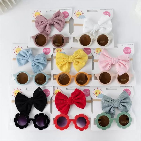 

girls headband sunglasses set kids hollow bow hairband outdoor sun glasses 2pcs/set baby elastic turbans travel beach holiday eyewear p hair, Slivery;white
