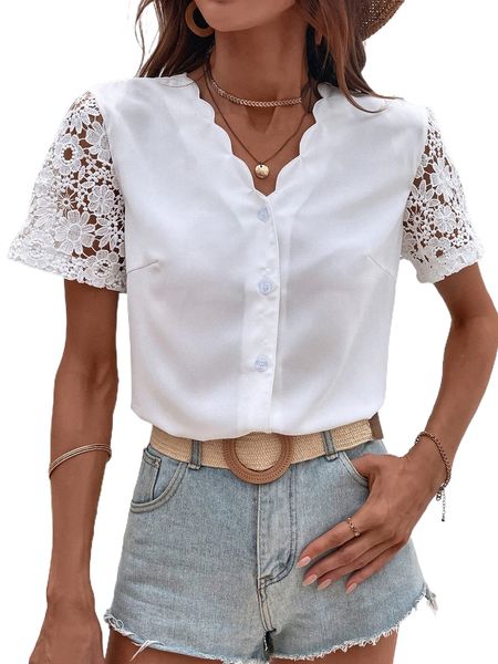 

contrast lace sleeve scallop trim blouse a9zi#, White